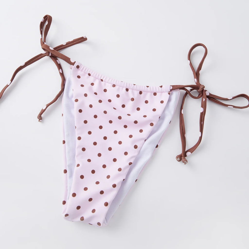 Women Summer 2 Pieces Bikini Swimsuits Dot Print Tie-Up Halter Neck Sleeveless Padded Bra Thong Bottoms Beach Bathing Suit Set