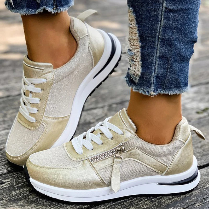 Casual Lace-Up Platform Sneakers for Women Autumn 2025 Solid Plus Size Shoes Woman Non-Slip Zip Female Sports Shoes