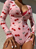 Casual Cherry Print V-neck Front Button Onesies Women's Bodysuit Pajamas Sexy Long Sleeve Slim Fit Jumpsuit Sleepwear