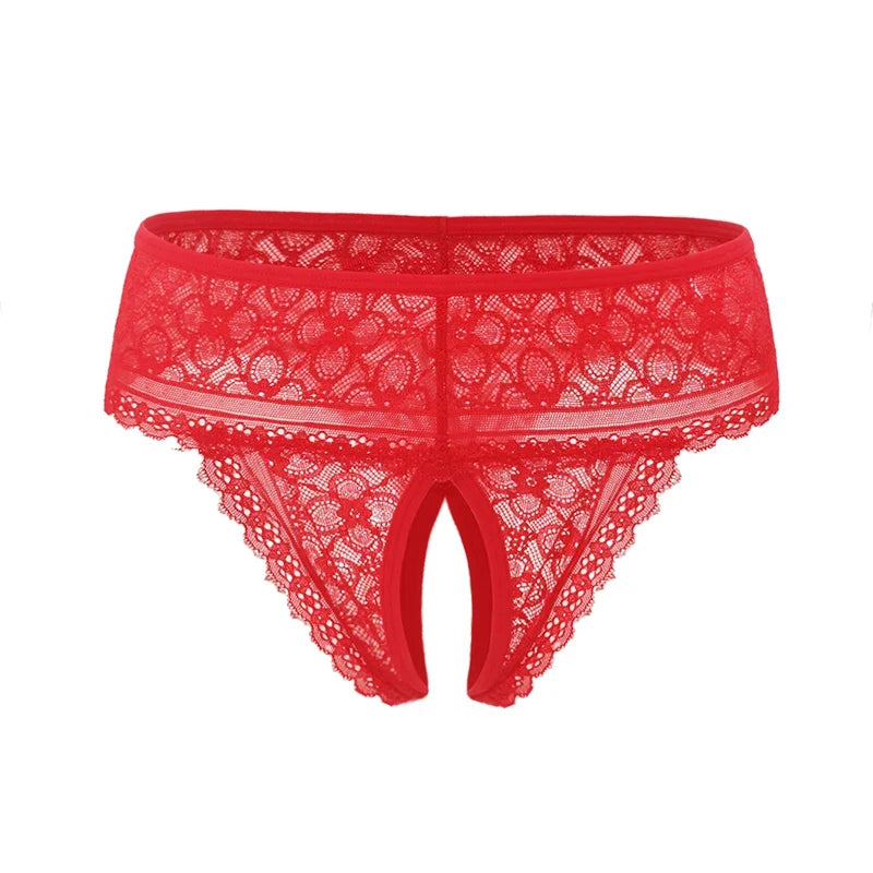 1pcs Women's Sexy Red Lace Open Crotch Thong Panties Floral Lace See Through Low Rise Intimate Lingerie for Ladies Nightwear