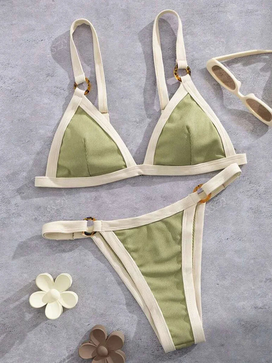 Splicing Ribbed High Cut Rings Bikini Women Swimsuit Female Swimwear Two-pieces Bikini Set Bather Bathing Suit Swim Beachwear
