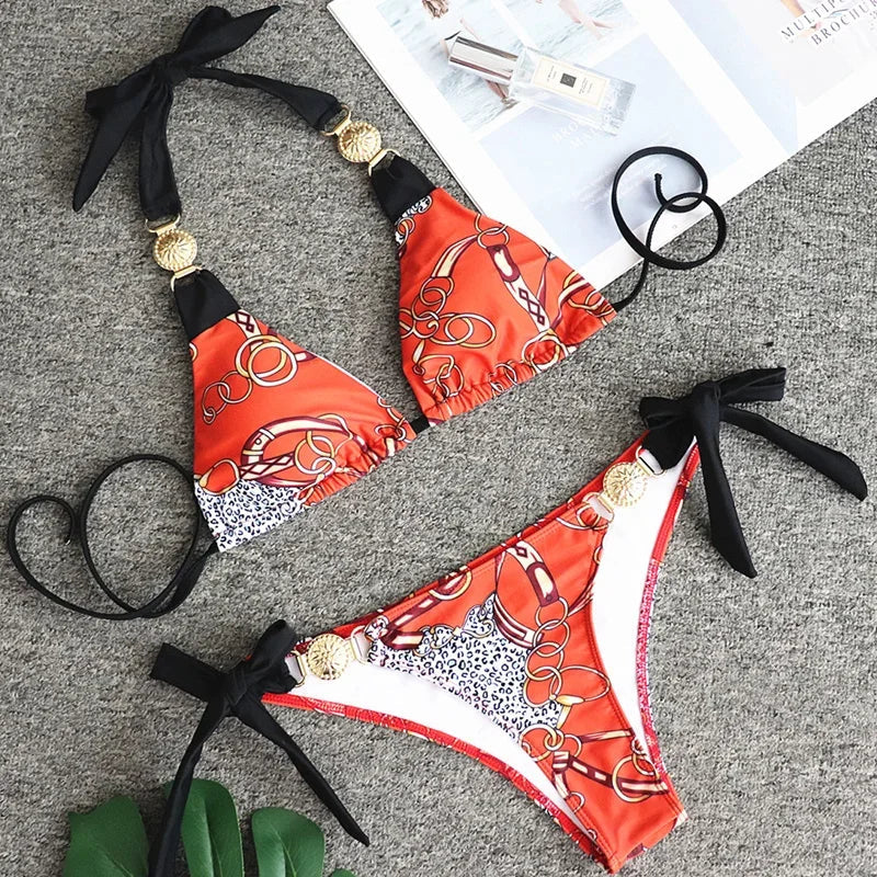 New Print Metal Halter Bikini 2025 Women Swimsuit Female Swimwear Two-pieces Bikini set Brazilian Bather Push Up Bathing Suit