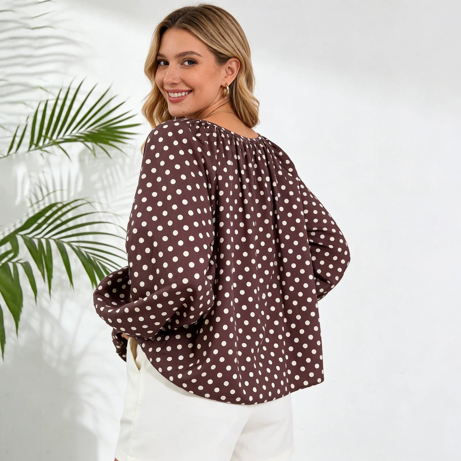 Women Puff Long Sleeve Crew Neck Spring Fall Tops Fashion Dot Print Casual Loose Fit Flowy Blouse
