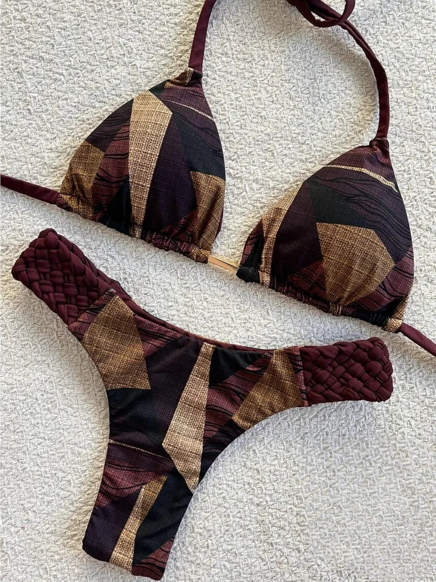 Printed Halter Braided Rope Mini Thong Bikini Female Swimsuit Women Swimwear Two-pieces Bikini Set High Cut Bather Bathing Suit