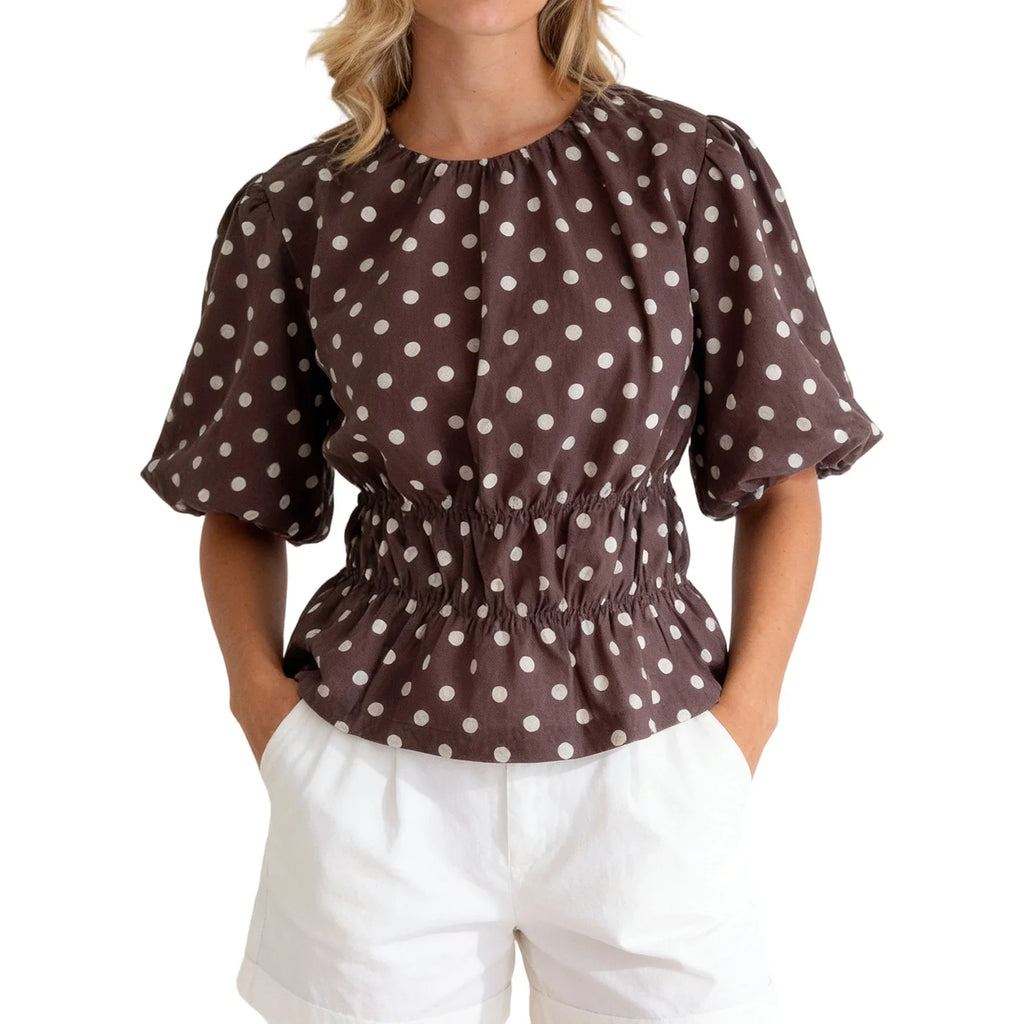 Women's Summer Puff Sleeve Tops Fashionable Dot Print Round Neck Cinched Waist T-shirts for Casual Daily Wear