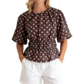 Women's Summer Puff Sleeve Tops Fashionable Dot Print Round Neck Cinched Waist T-shirts for Casual Daily Wear