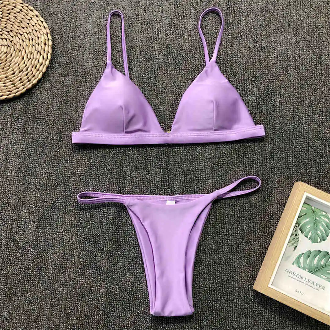 New Sexy Padded Brazilian Bikini Women Swimwear Female Swimsuit Two-Pieces Bikini Set Solid Bather Bathing Suit Swim Lady V64A