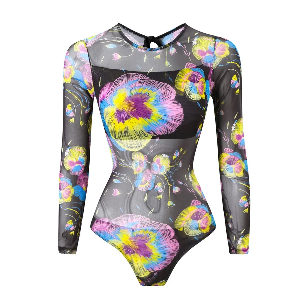 S - XXL Printed Long Sleeve With Sarong One Piece Swimsuit Women Swimwear Female Flowers Padded Bather Bathing Suit Swim K7181