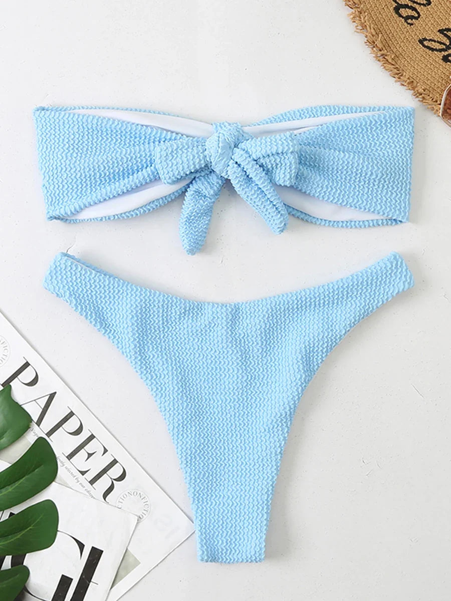 Contrast Binding Bandeau Bikinis 2026 Women Sexy Swimsuit Solid Padded Swimwear Female Bathing Suit Swimming Summer Beachwear
