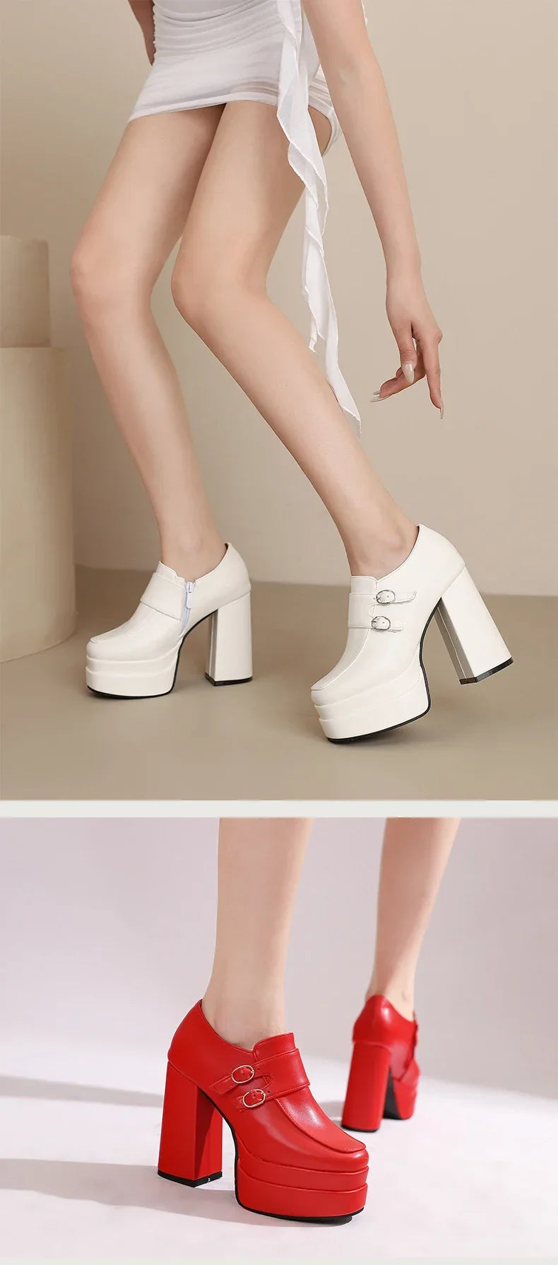 Plus Size Double Row Small Buckle Side Zipper Square Toe Double Layer Platform High Thick Heel Women's Pumps Shallow High Heels