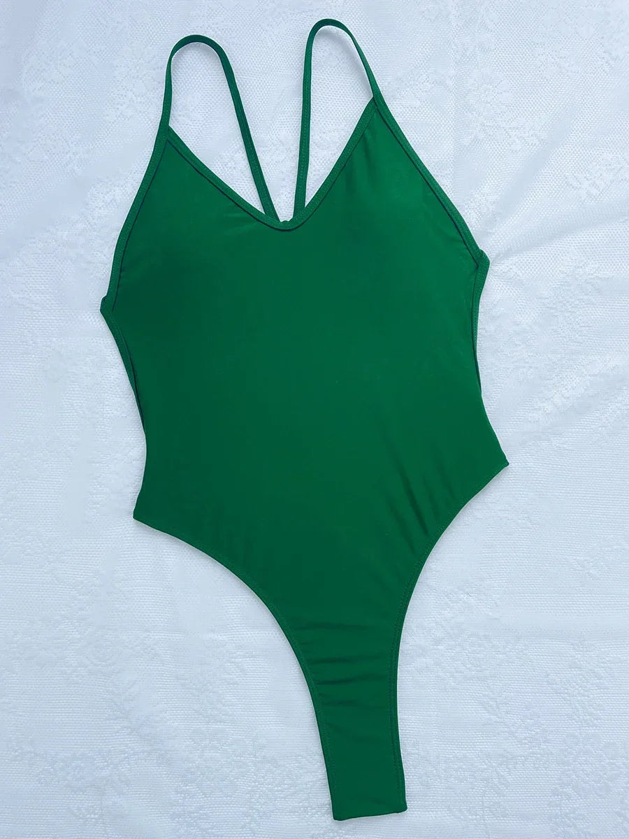 Wrinkled Criss Cross Backless Female Swimsuits One Piece Swimsuit Women Thong Swimwear High Cut Monokini Bathing Suit Swim Lady