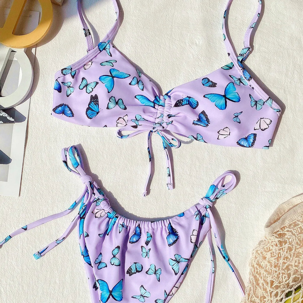 2026 New Sexy Bikini Women Drawstring Rainbow Butterfly Print Swimwear Swimsuit Female Bikinis Set Bathing Suit Banadores Mujer