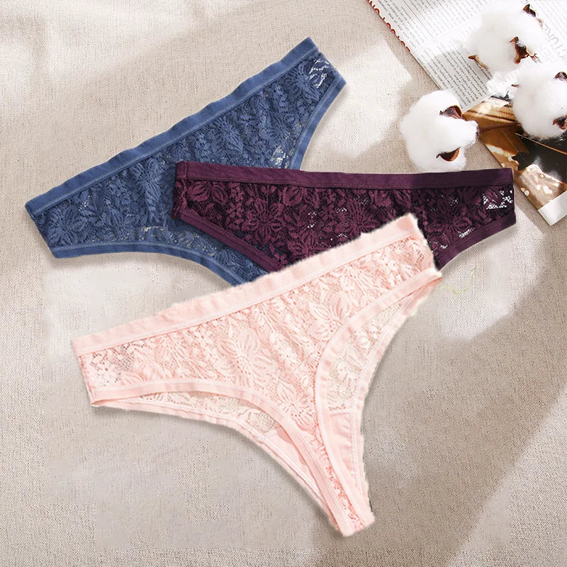 3Pcs/Set Women Sexy Lace Panties Lingerie Floral Sexy Low Waist Deep Color Thongs Ladies Underwear Fashion Soft Underpants S-XL