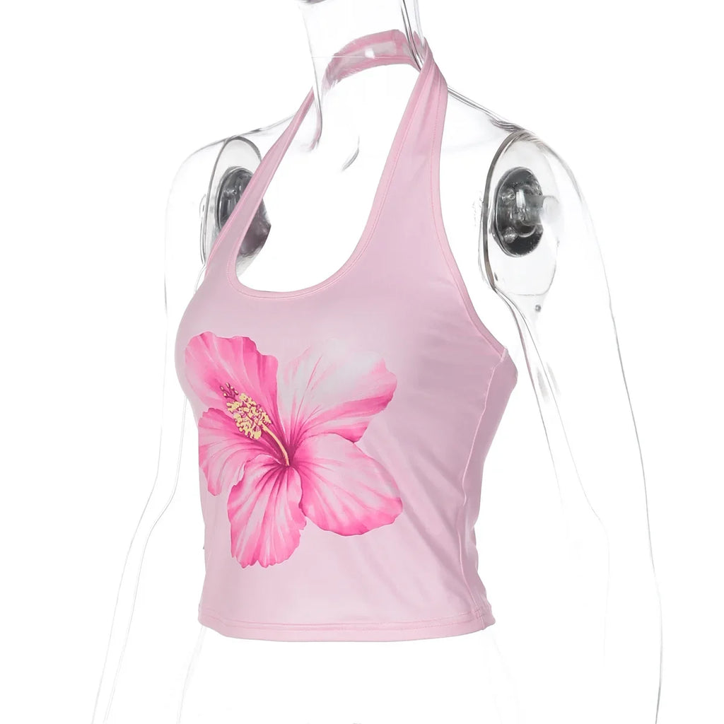 FDYOUI 2026 Summer Flower Print Pink Tank Tops for Women Casual Sexy Backless Crop Top Girls Sleeveless T-shirt Y2K Streetwear