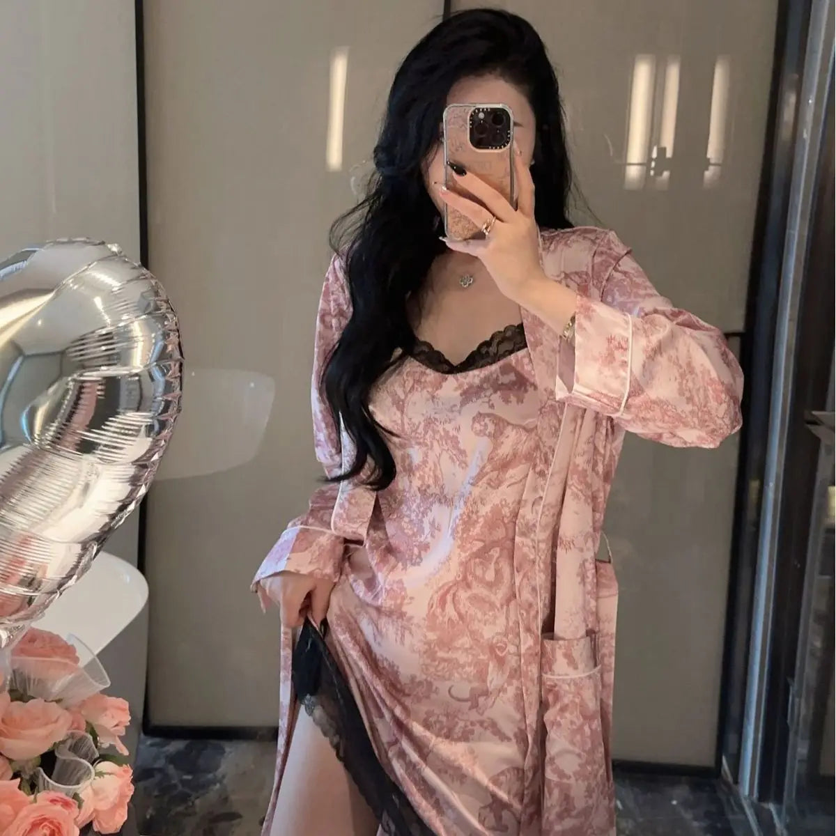 Ice Silk Sexy Pajamas Women's Spring and Autumn Suspender Lace Nightgown Robe High-end Home Clothes