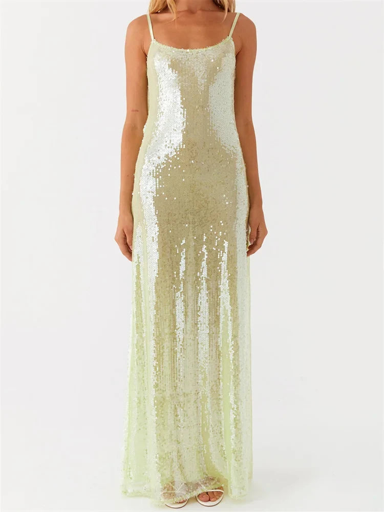 Women Shiny Sequins Dress Summer Draped Backless Spaghetti Strap Party Dress for Vacation Cocktail Beach Streetwear
