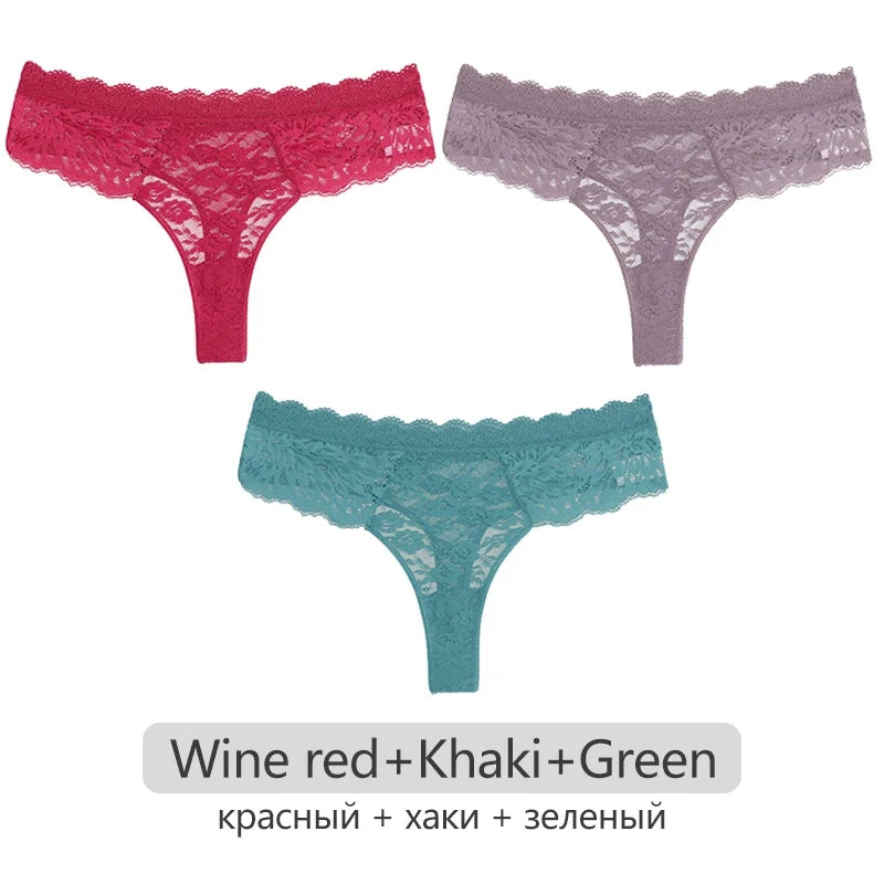 Full Lace Thongs Women 3Pcs/set Sexy G-string Underpants S-XL Ladies Floral T-Back Underwear Female Bikini Panties Girl Lingerie