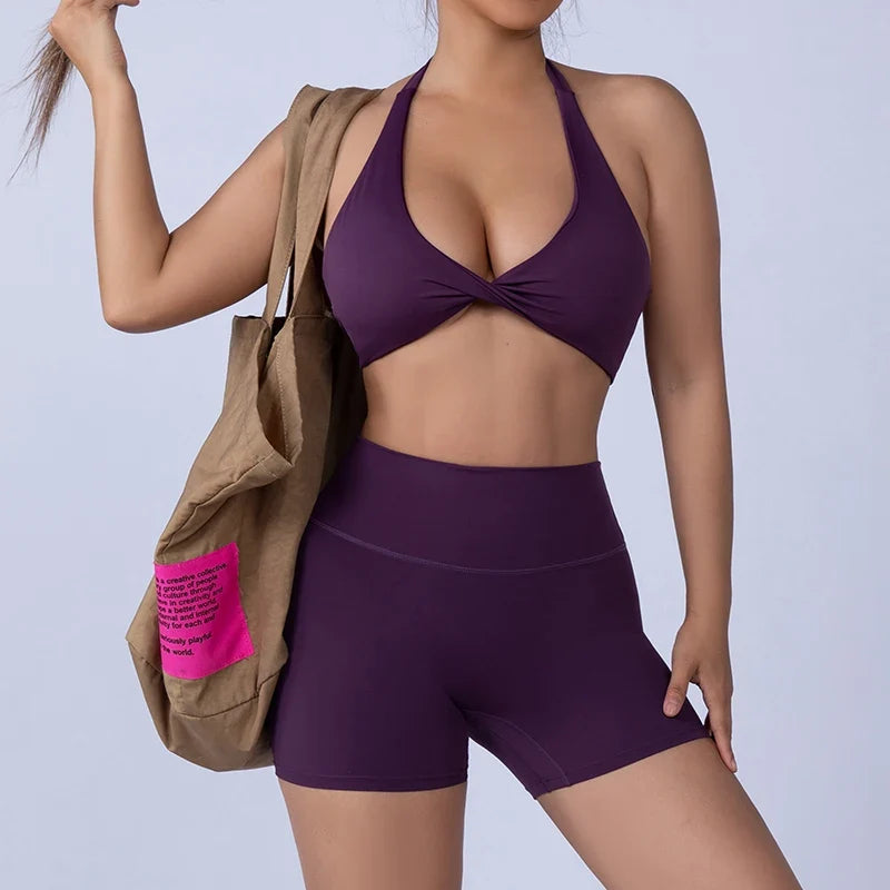 2PCS Nude Sexy Yoga Set Halter Neck Sports Bra And Shorts Breathable Fitness Training Underwear Slimming Beautiful Back Design