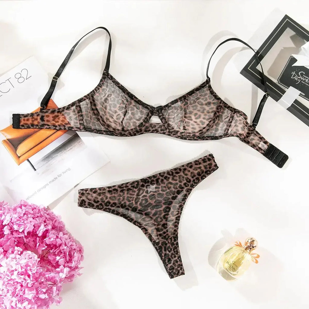 Seamless Leopard Printed Underwire Underwear Lace See Through Push Up Bra and Panty Set Women Sexy Lingerie Outfit