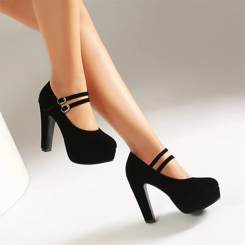 Sexy Black Faux Suede Double Buckle Straps Platform Mary Jane Pumps High Heels Wedding Club Daily Dress Shoes Women Plus Size 48