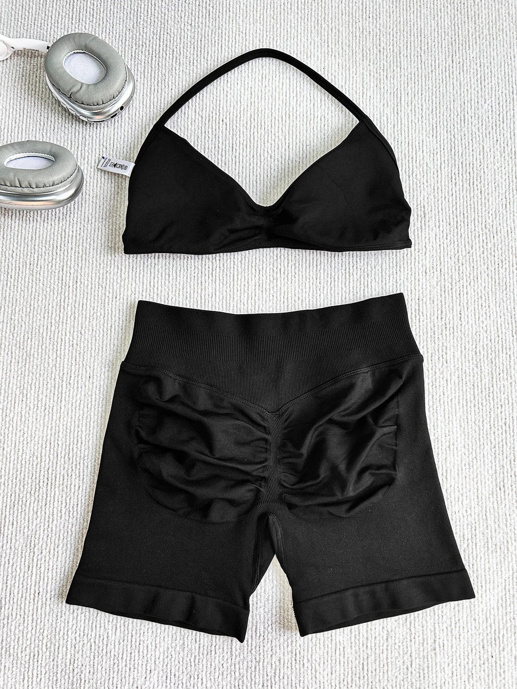 Sexy Black Polka Dot Print Seamless Yoga Sets Women Hanging Neck Pleate Sports Bra Tight High Waist Short Running Fitness Suits