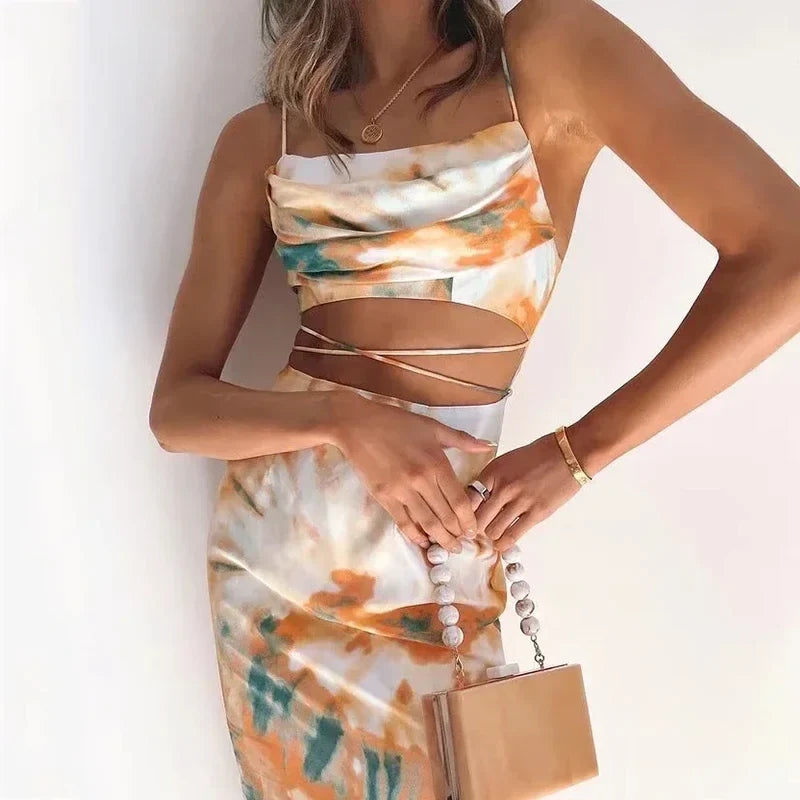 Foridol Waist Cut Out Criss Cross Sexy Summer Tie-dyed Midi Dress Ladies Elegant Beach Boho Slip Long Dress Sleeveless Sundress