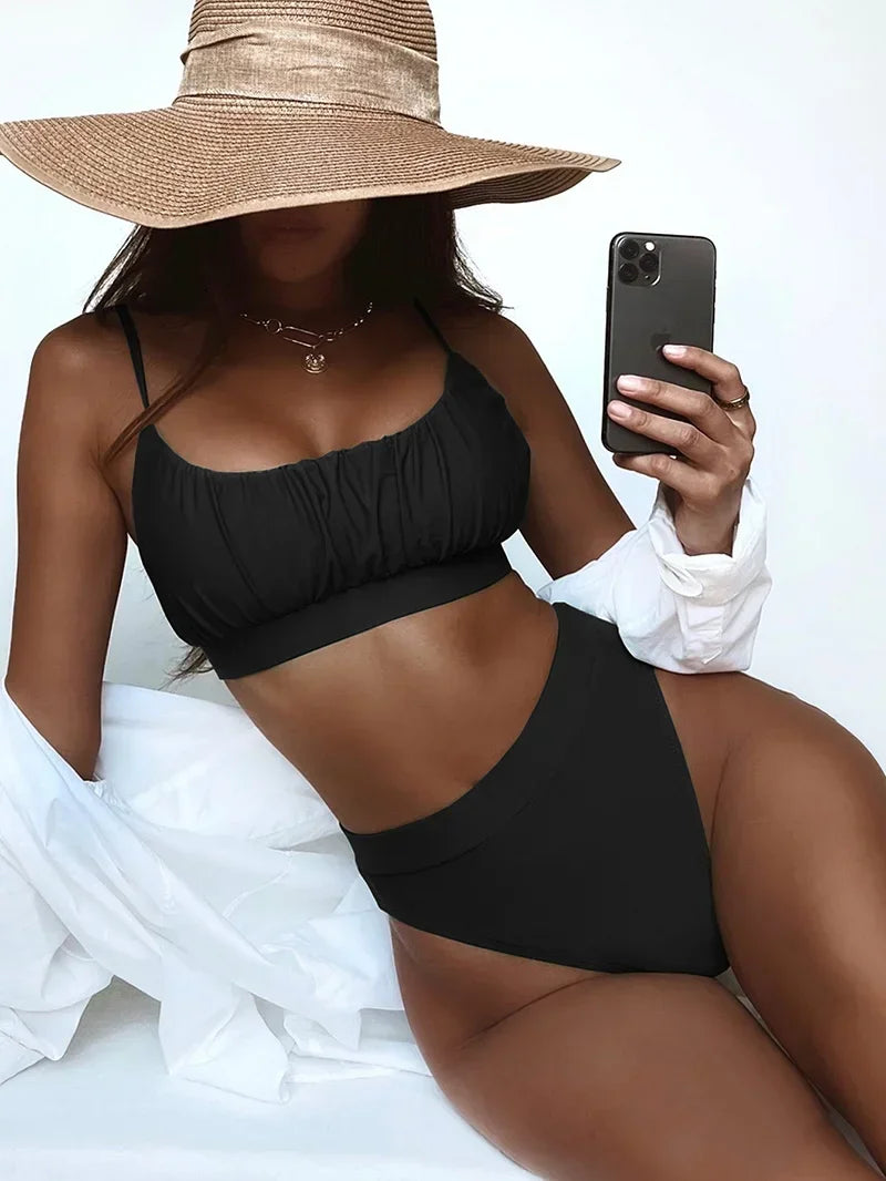 2026 Wrinkled Ruched High Waist Bikini Women Swimsuit Female Swimwear Two Pieces Bikini Set High Cut Bathing Suit Swim Beachwear
