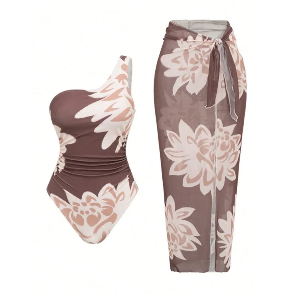 S - XL New With Skirt Printed One Shoulder Women Swimwear One Piece Swimsuit Female High Leg Cut Bather Bathing Suit Swim V8017