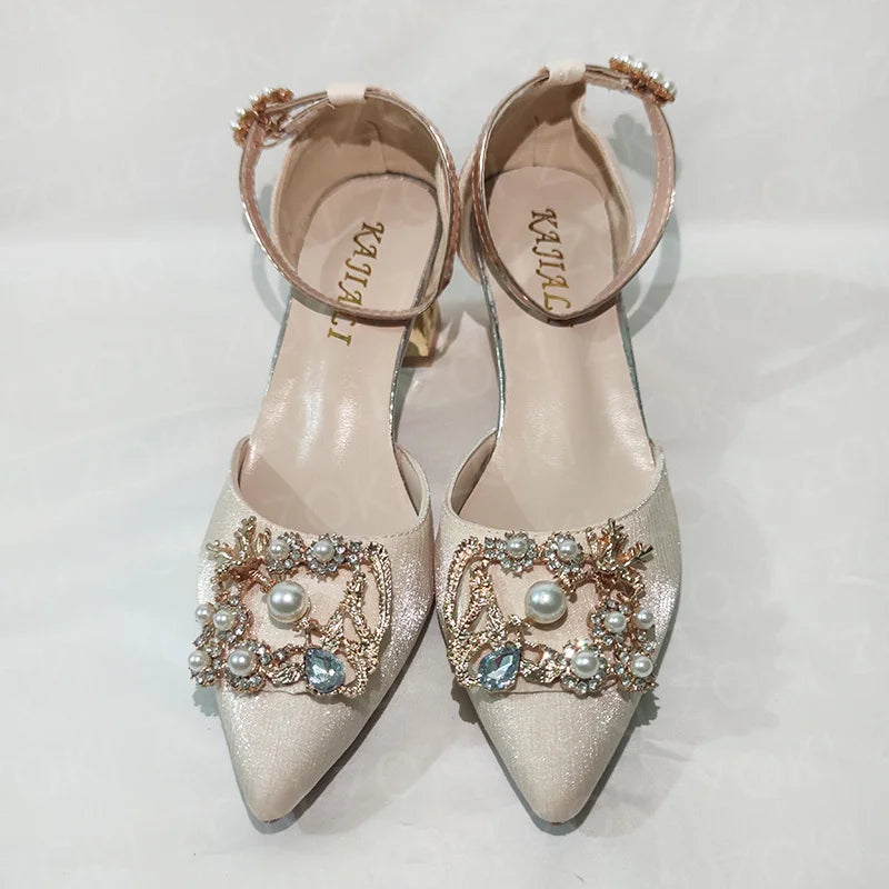 ZOKI Fashion Pearl Buckle Square Heels Pumps Women Pointed Toe Bling Crystal Party Shoes Woman Elegant Med Heels Bride Shoes