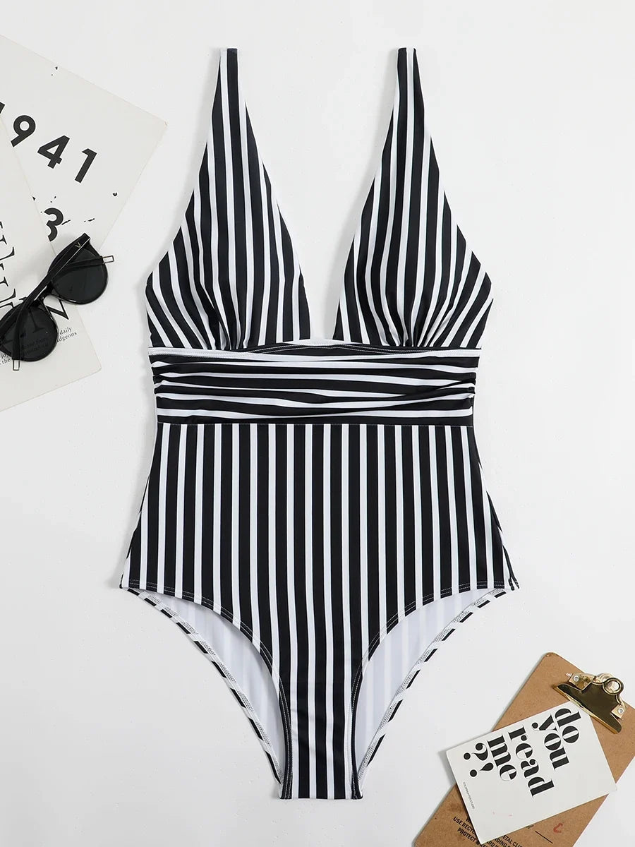 2026 Striped One Piece Swimsuit Vintage Swimwear Women V-neck Bathing Swimming Suit Female Summer Beachwear Bodysuit