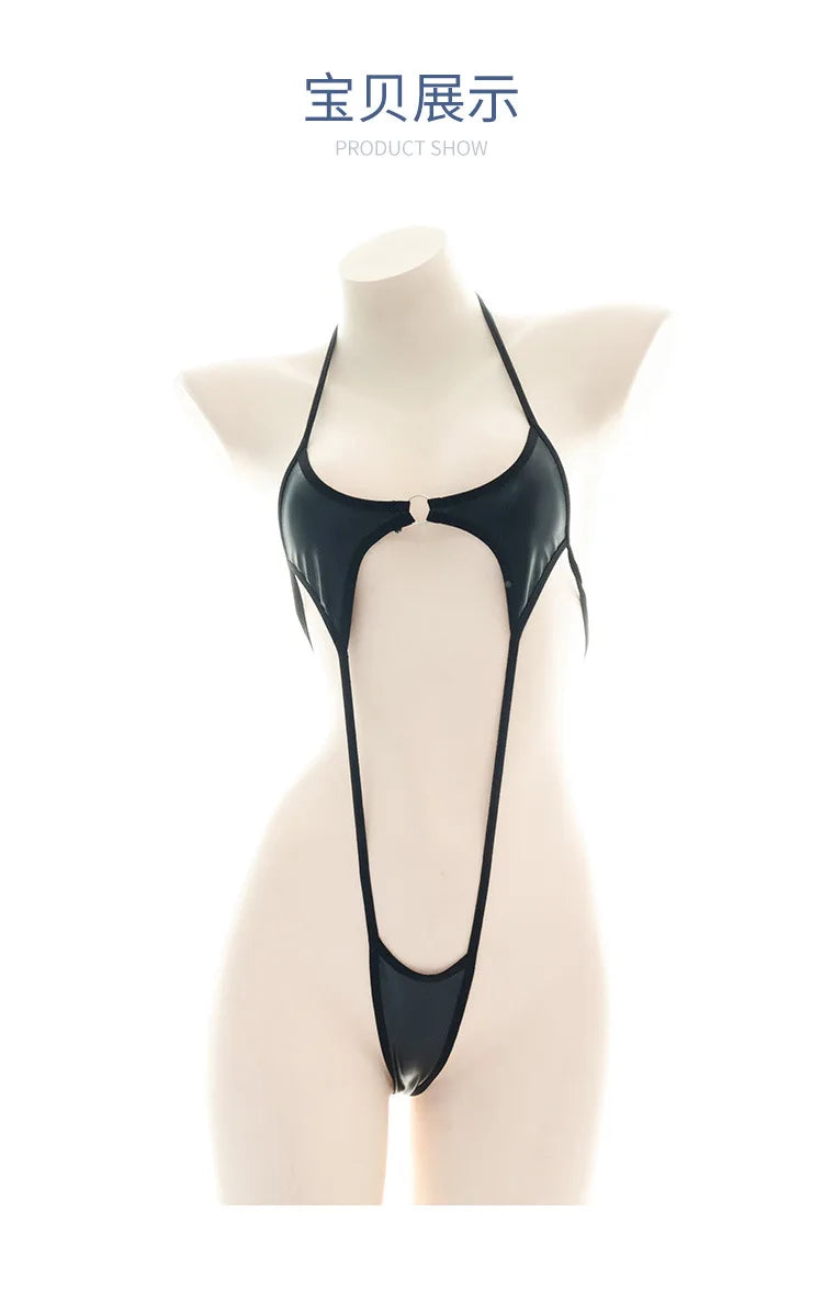 Sexy Jumpsuit patent leather bikini Straps Bandage Bodysuit Beach Girl One-piece Bikini Costume Women Pajamas Lingerie Uniform