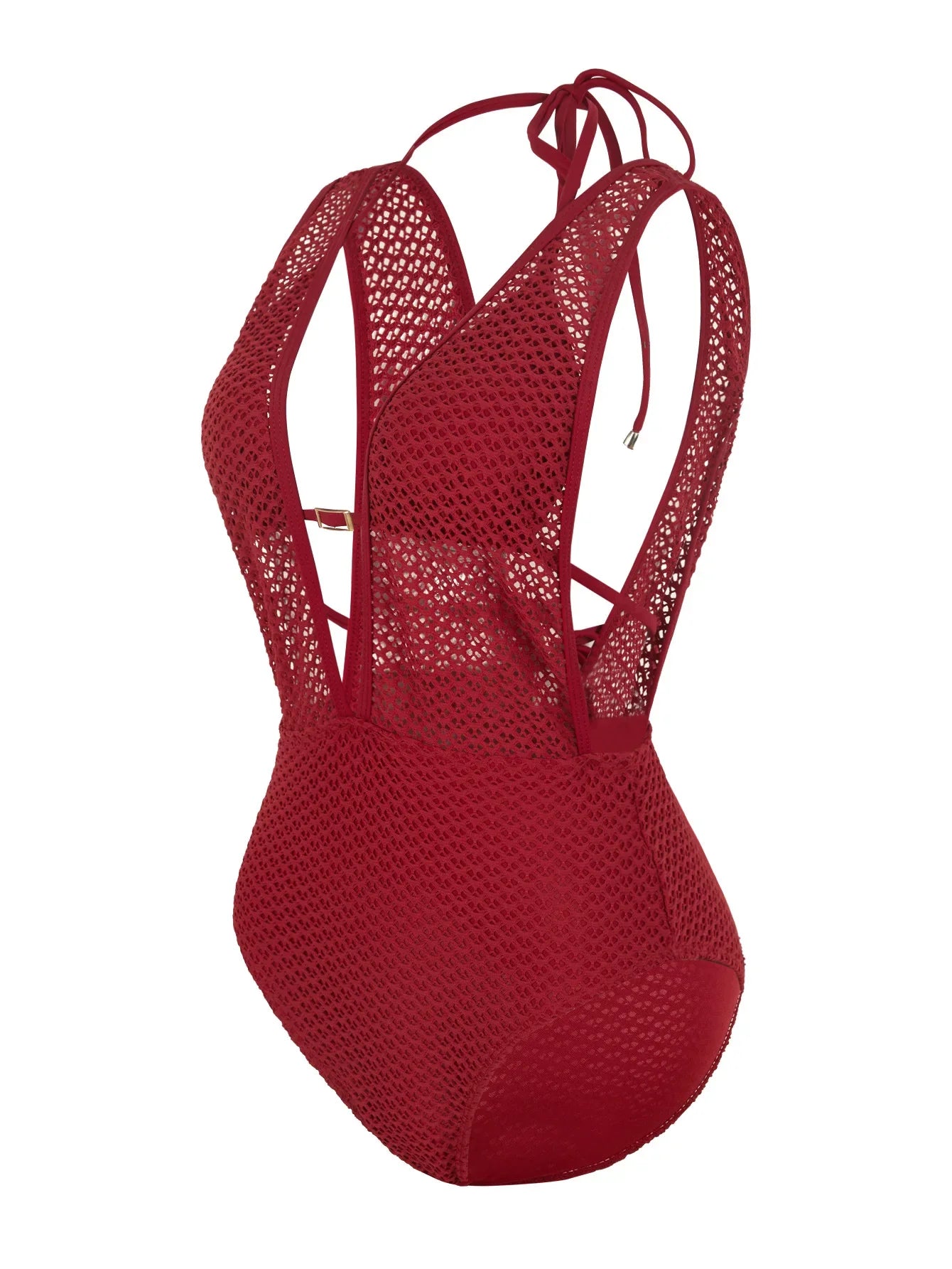 S - XL Deep V Neck Knit Fishnet Mesh One Piece Swimsuit Women Swimwear Female Backless Monokini High Leg Cut Bathing Suit Swim