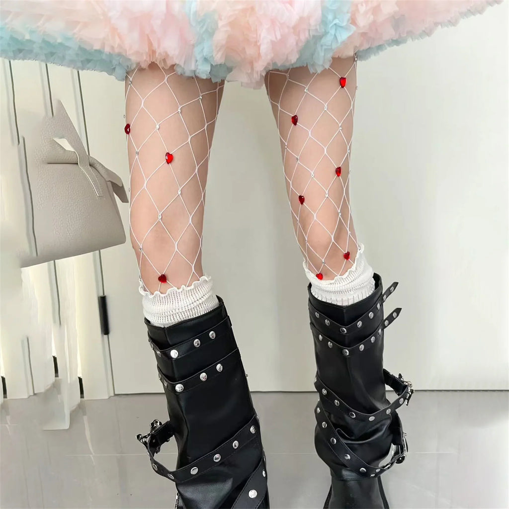 Women Heart Rhinestone Fishnet Tights Sweet Sheer Pantyhose Elastic Slim Fit Stocking Tights