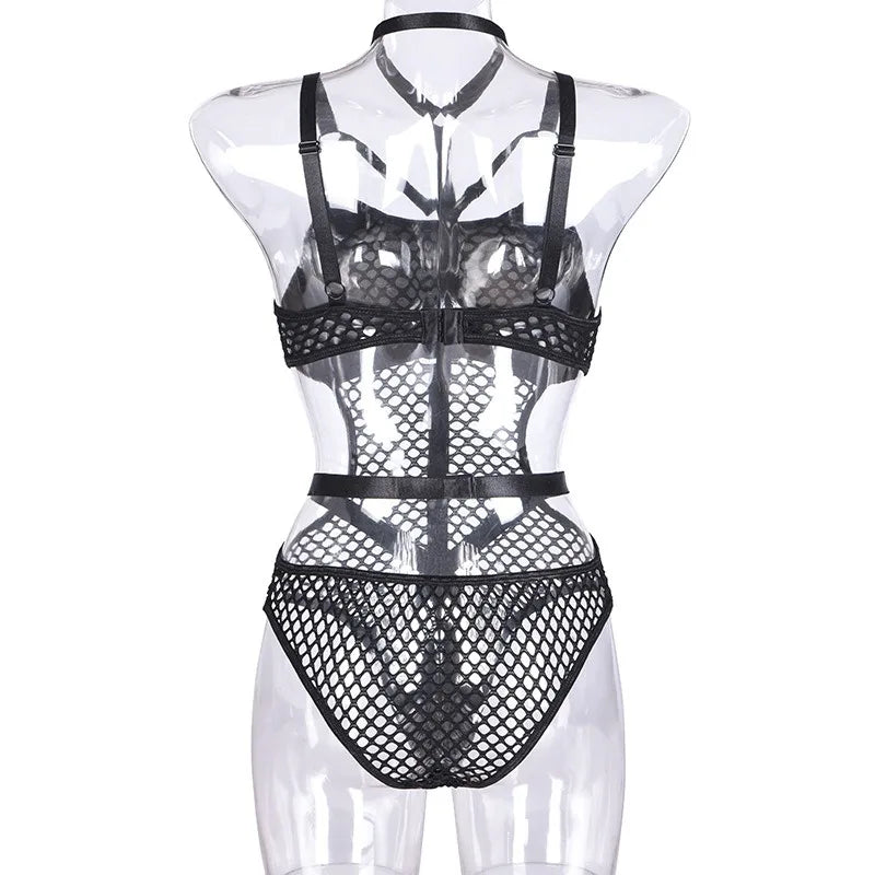 Toucheart Erotic Halter Bodysuit Large Mesh Splicing Andheavy Craftsmanship Women Hollow Seductive Intimate Hot Private Bodysuit