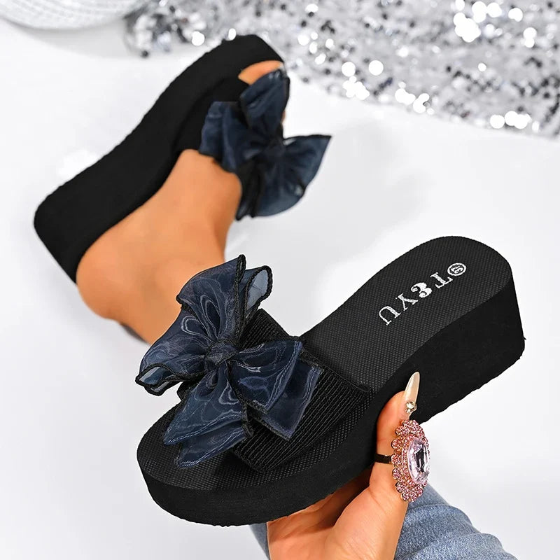 2026 Summer Big Bowknot Platform Slippers Women Plus Size 42 Open Toe Wedges Sandals Woman Lightweight Casual Beach Flip Flops