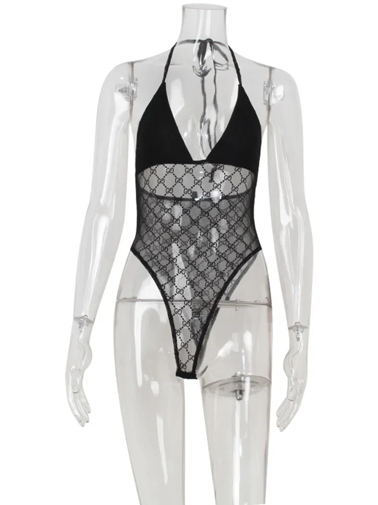 Ahagaga Sexy Club Women's Bodysuits Solid See Through Skinny Camisole Blackless Slim Fit V-Neck Mesh Sleeveless Streetwear Tops