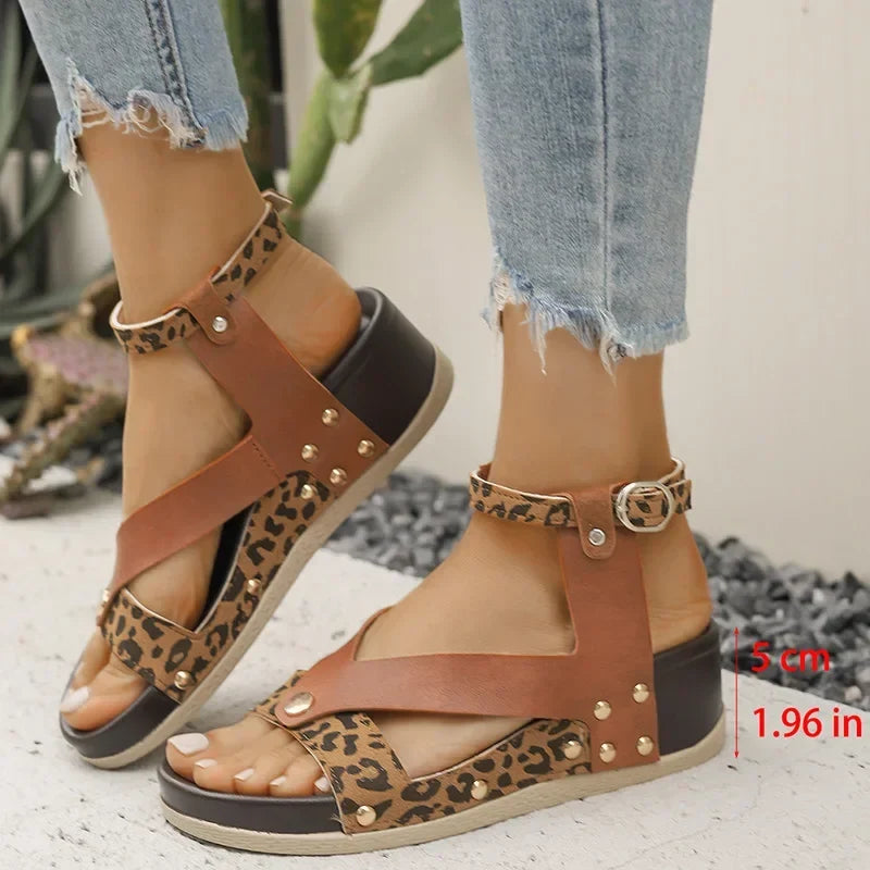Summer Leopard Print Wedge Sandals Women Plus Size Ankle Strap High Heel Sandal Female New Slip On Pu Leather Sandalias Mujer