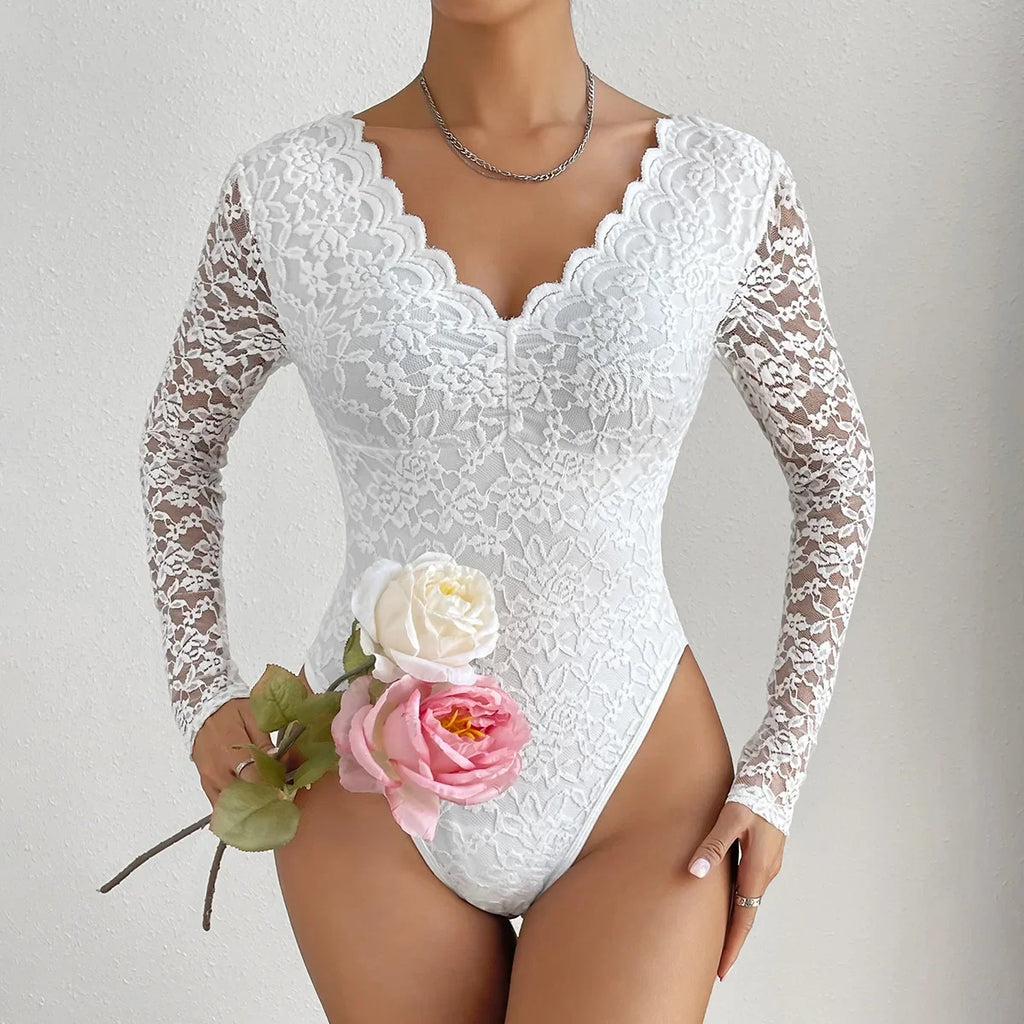 Sexy White Lace Bodysuit Women Solid Color Long Sleeve Sheer Corset Top Autumn Ruffles V Neck See Thourgh Slim Fit Jumpsuit