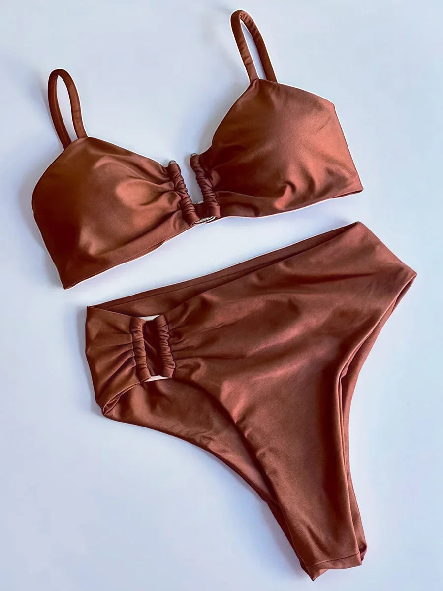 Shiny Sparkling U Shaped Female Swimsuit High Waist Bikini Women Swimwear Two-pieces Bikini Set Pool Bathing Suit Swim Beachwear