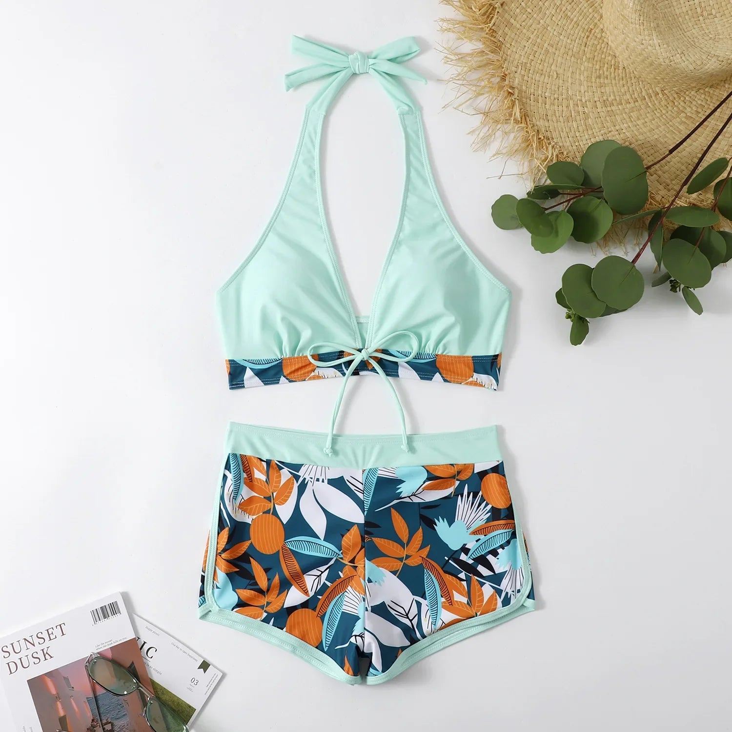 2026 Summer Women's Print Patchwork Swimsuit Sexy Deep V Neck Back Lace-up Swimwear High Waist Shorts Tankini Bathing Suit Beach