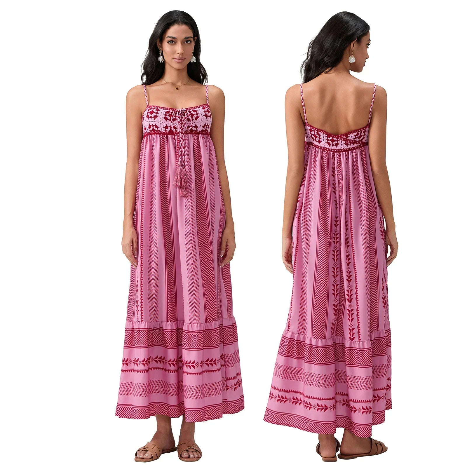 Women Summer Sleeveless Flowy Dress Geometric Print Knit Corset Ruffle A-line Long Dress Casual Party Bohemian Streetwear