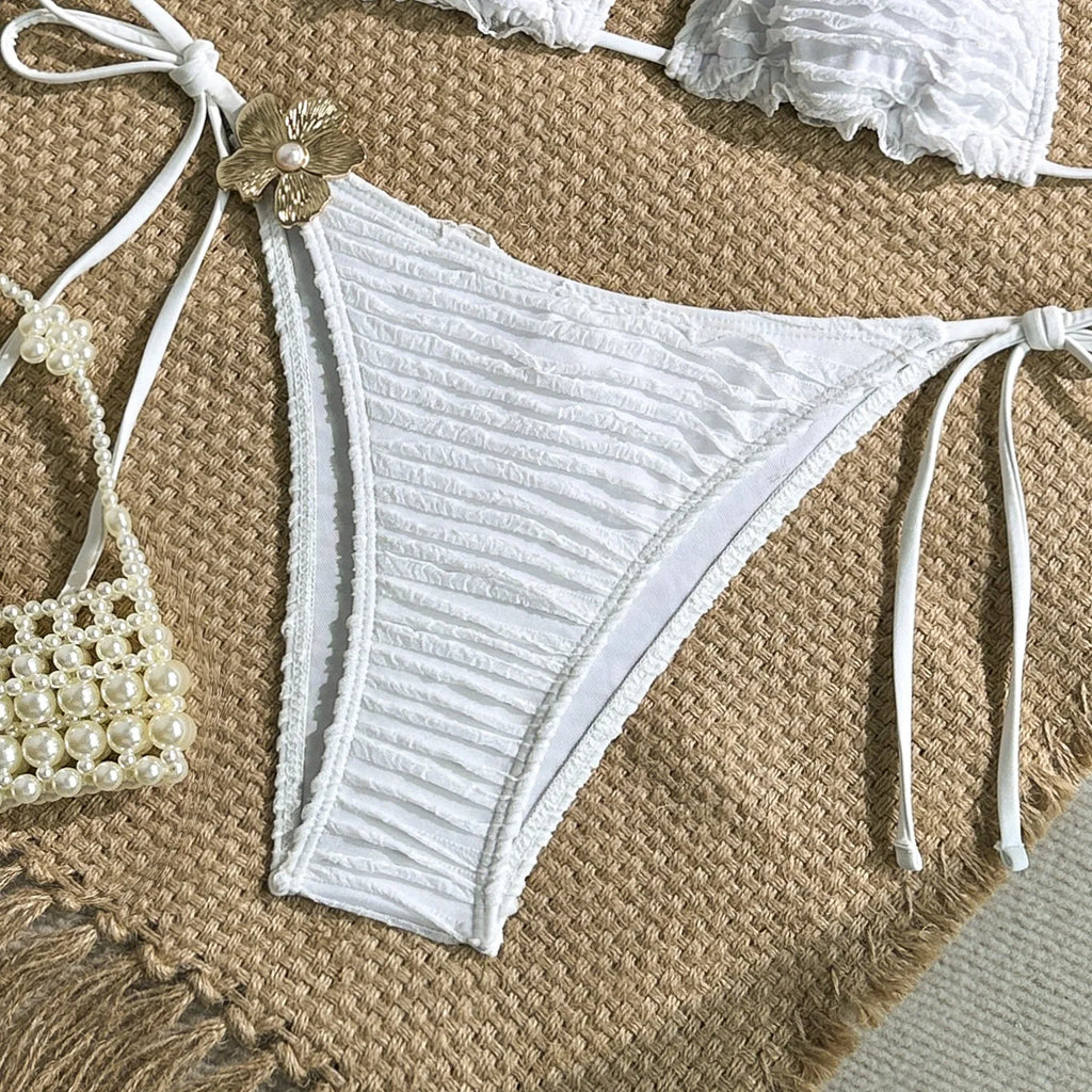 Sexy White Yellow Micro Bikini 2026 Women Metal Flower Push Up Bra Bandage Triangle Swimsuit Beach Bathing Suit Holiday Swimwear