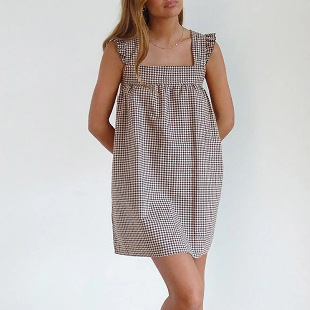Summer Mini Plaid Print A line Dress for Women Sleeveless Ruffle Trim Square Neck Loose Fitting Cami Dress With Pocket
