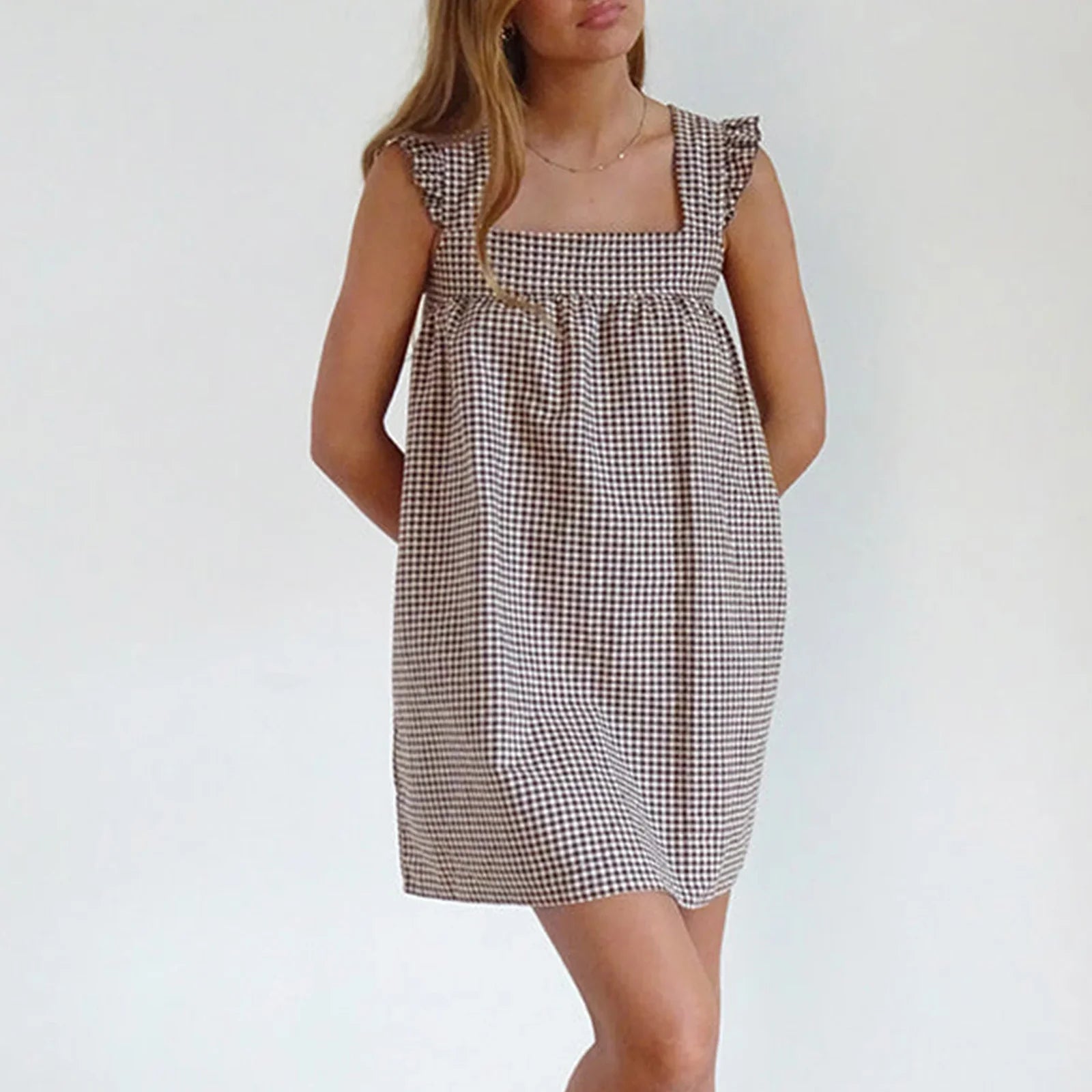 Summer Mini Plaid Print A line Dress for Women Sleeveless Ruffle Trim Square Neck Loose Fitting Cami Dress With Pocket