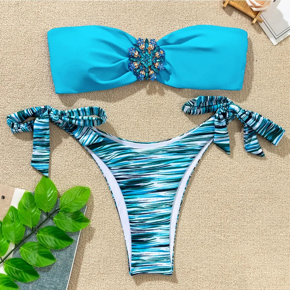 Rhinestone Flower Accessories Swimsuit Women 2026 2-piece Mini Bikini Sexy Strapless Backless Bathing Suit Summer Beach Swimwear