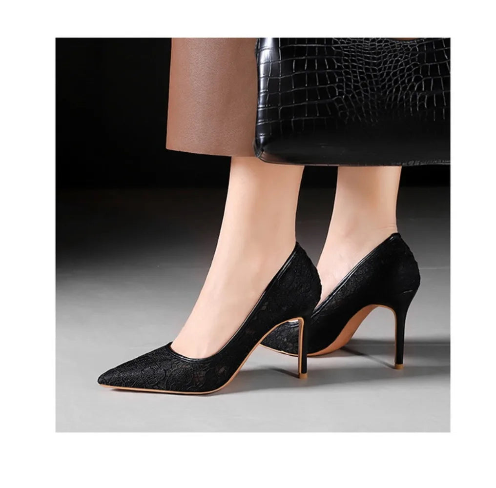 NASBAVI Sexy Lace High Heels Net Gauze Thin Heel Pointed Toe Slimming Nightclub Style Low Heel Single Shoes 41 42 43