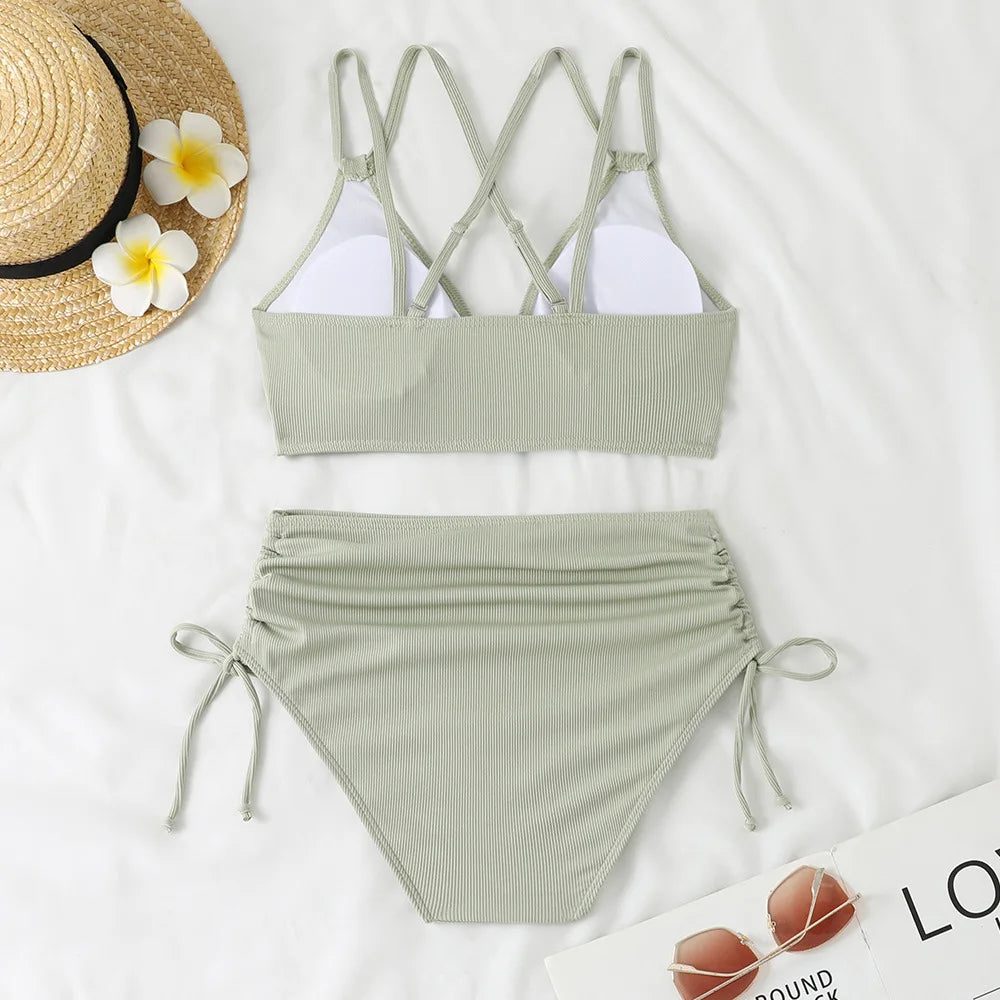 Women's Two Piece Swimsuit Black Double Strap Push Up Pleate Drawstring Side High Waist Bikini 2025 Beach Bathing Suit Swimwear