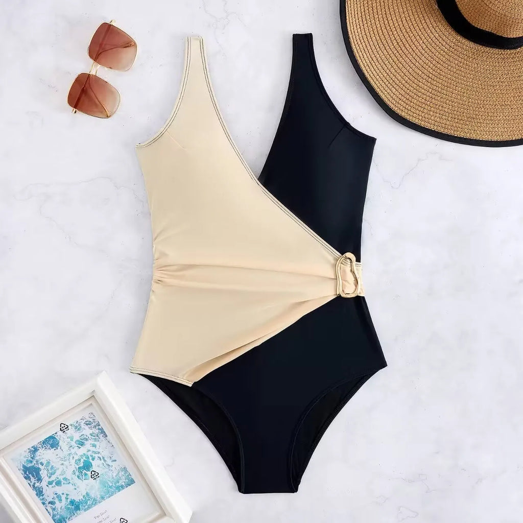 Oval One Piece Swimsuit Female Swimwear Women Patchwork Bathing Suits Summer Beach Wear Tummy Control Monokini Swimming Suit