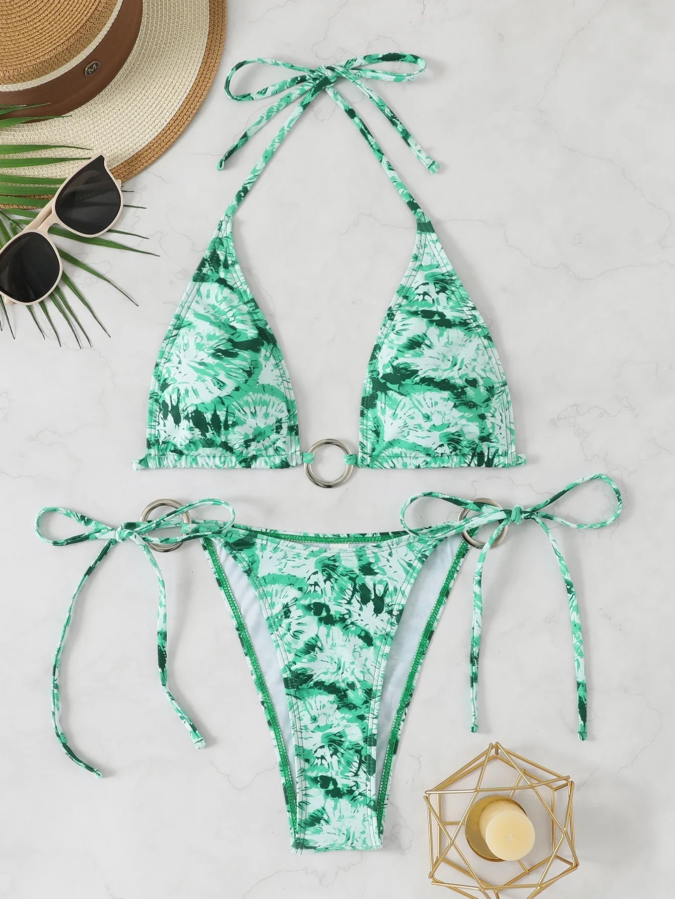 Halter Triangle String Bikinis 2026 Women Sexy Ring Linked Swimsuit Printed Swimwear Female Bathers Bathing Swimming Swim Suit