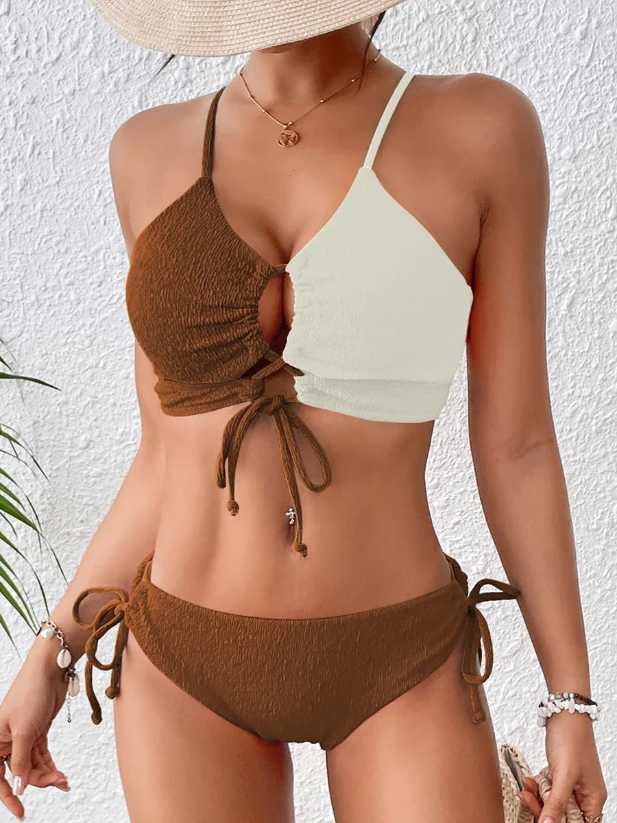 2026 Drawstring Triangle Bikini Women Sexy Color Block Swimwear Female Strappy Swimsuit Bathers Bathing Swimming Swim Suit
